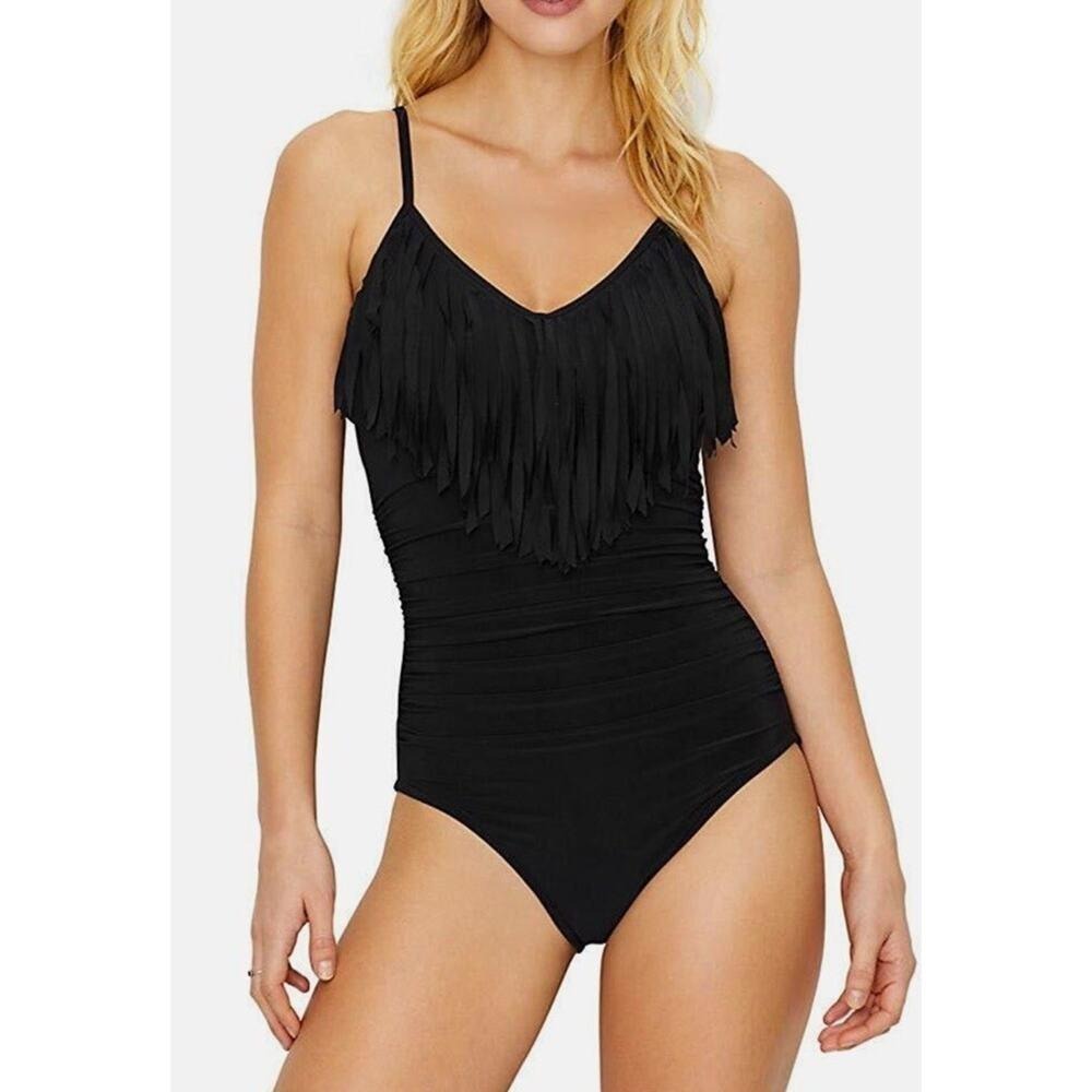 Magicsuit Blair Fringed Ruched One-Piece Swimsuit Black Size 14 Slimming Control